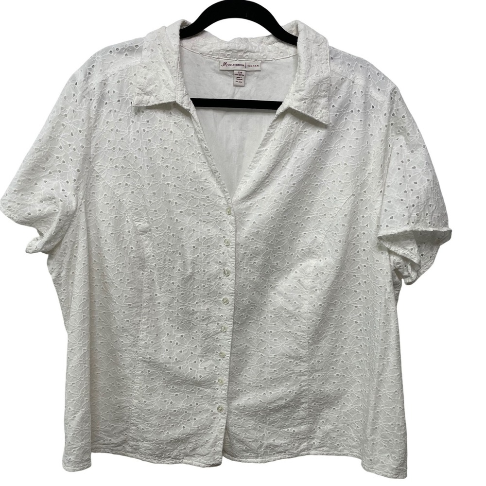 JM Collection Woman White‎ Eyelet Short Sleeve Button Up Shirt Plus Size 22W